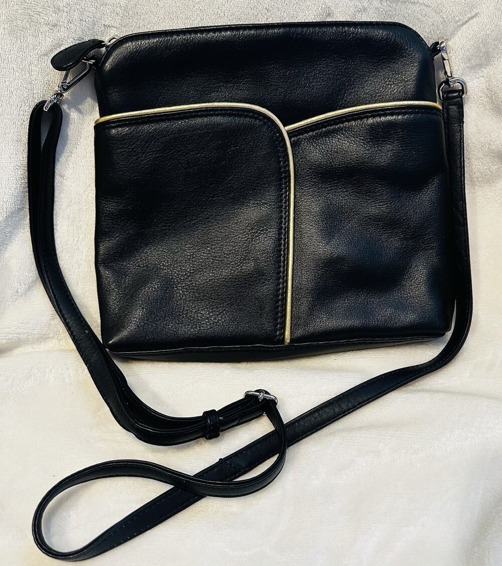 Ili New York Genuine Smooth Leather Crossbody Purse Black Gold RFID Distinctive